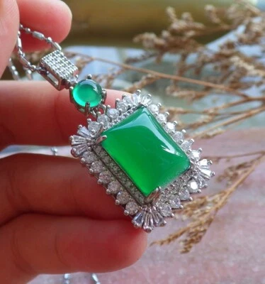 White Gold ICY Green AGATE JADE PENDANT Rectangle Diamond Imitation 324216 - Image 1 of 4