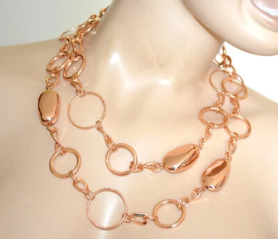 Cintura collana lunga donna oro rosa gioiello metallo anelli pietre lucide UN52 - Immagine 1 di 4