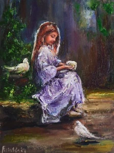 Girl with Doves – 10x7 Original Painting, Peaceful Impressionist Art - Picture 1 of 10