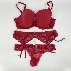 Victorias Secret 38D Lined Demi Bra Large Garter Belt Thong Panty Red Lace Set - Picture 1 of 14