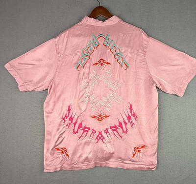 Camisa masculina Diesel grande rosa rayon viscose botão bordado Raves Flames - Imagem 1 de 4