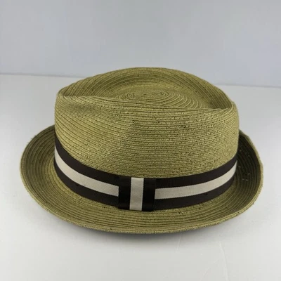 Chapéu Jaxon 2XL Fedora Trilby verde Toyo palha verão faixa listrada marrom vintage - Imagem 1 de 4