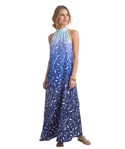 Vineyard Vines Women’s 6 Blue Halter Monstera Print Silk Blend Maxi Dress - Picture 1 of 9