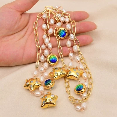 Collar de estrellas de Murano azul perlas de arroz blanco cultivadas de 55"" Foto 1 de 4