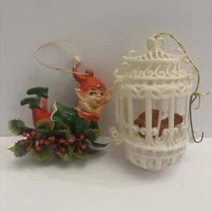 Vintage Weihnachtselfe und Vogel im Käfig Kunststoff Ornamente - Bild 1 von 6
