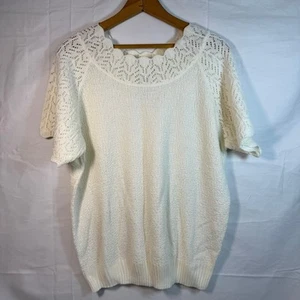 Vicki Wayne Vintage Strick Top Häkelausschnitt Kurzarm weiß Bluse Gr. XL - Bild 1 von 4