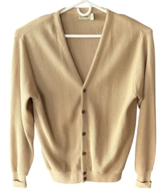 LL Bean Cardigan Sweater Mens Size Large Tan Button Front Acrylic Vintage USA - Image 1 of 4