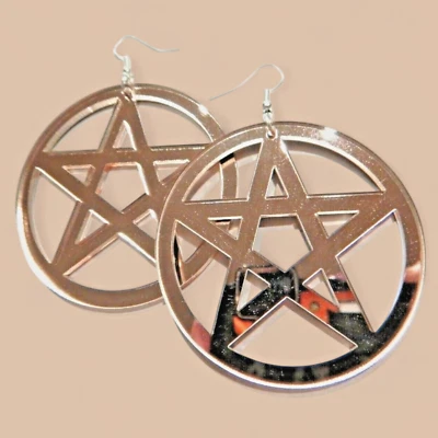 BLUSH PINK MIRROR PENTAGRAM EARRINGS large pentacle wiccan occult goth witch U1 - Image 1 of 4