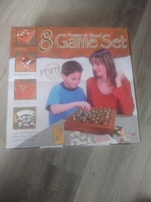 Pewter Wood 8 Game Set Chess Checkers Backgammon Play Cards Cribbage & More - Image 1 of 3