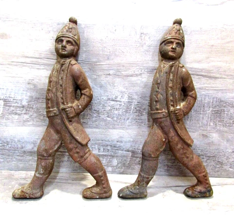 Vintage Antique Cast Iron  Hessian Soldiers Andirons Figures  Nice Rust Patina Cover