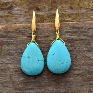 Natural Turquoise Stone Teardrop Dangle Earrings Blue Gemstone Hook Earrings - Picture 1 of 3