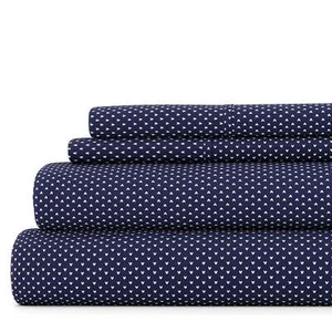 4 Piece Pattern Microfiber Bed Sheets Set, Navy My Heart, Queen - Picture 1 of 10
