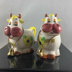 BESSIE COW BY ENESCO YELLOW DAISEY COFFEE CREAM & SUGAR FIGURINES RARE JAPAN - Picture 1 of 9