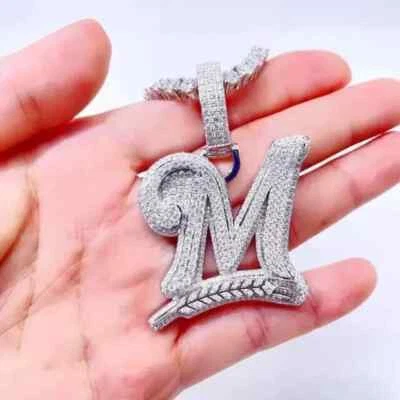 3Ct Round Real Moissanite Custom Letter M Men's Pendant 14K White Gold Plated - Image 1 of 4