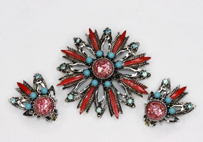 Silver Tone Faux Coral Turquoise & Dragon Egg Opal Flower Brooch & Clip Earrings - Image 1 of 4