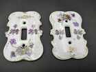 Pair Vtg Porcelain Japan Purple Violet Floral Gold Trim Single Switch Wallplates
