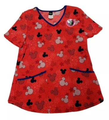 Disney Scrubs V-Neck Top Size Medium Scrub Red Stars Mickey Mouse New - Image 1 of 4