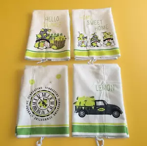 4 Pc Kitchen Towels Summer Gnome Dish Towels Lemon Farm Truck Hanging Loops READ - Picture 1 of 14