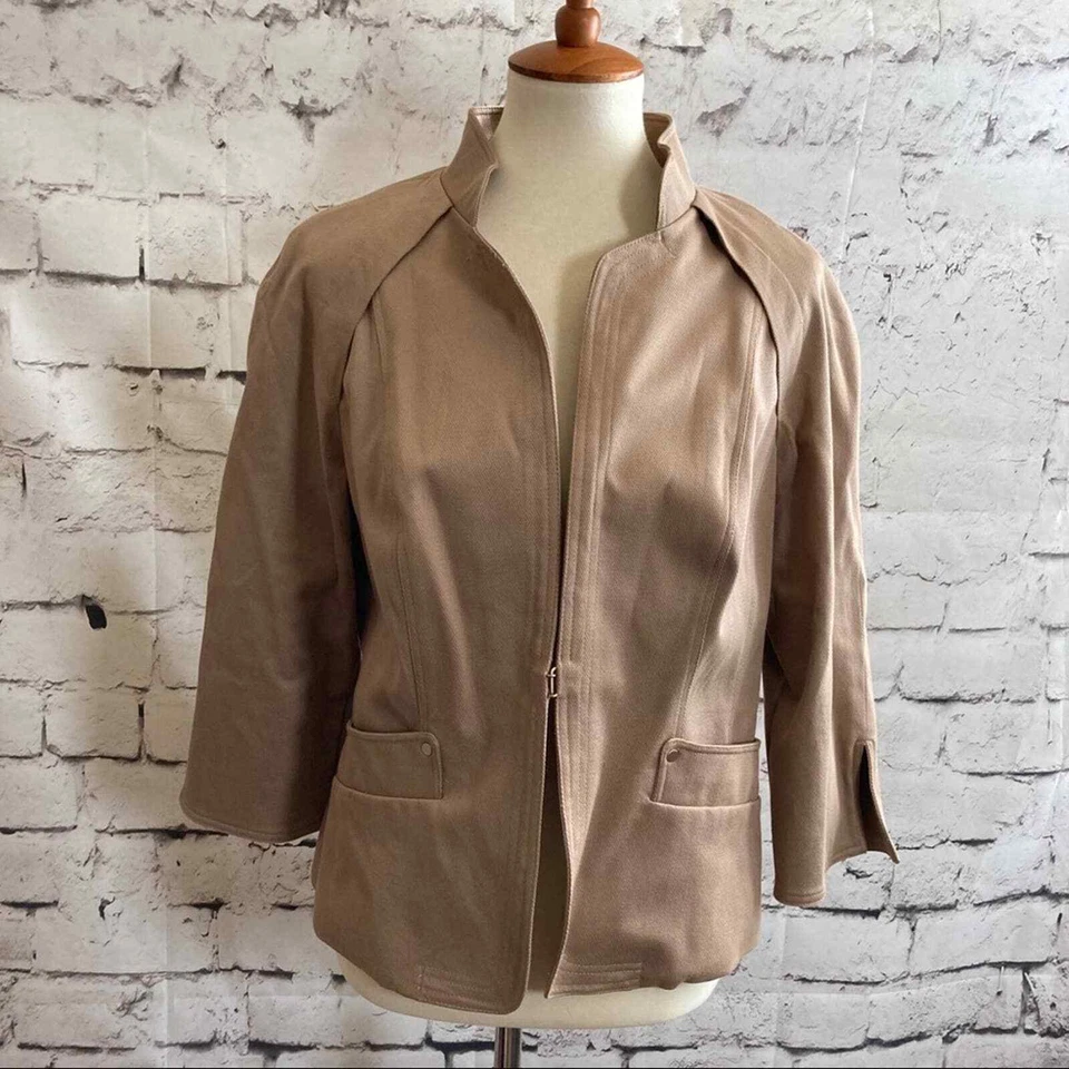 ECCOCI Jacket Womens Size 12 Tan Career Work Blazer High Collar Cotton Blend - Image 1 of 4