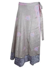 Womens Long Skirt Gray Pink Floral Reversible Magic Wrap Around Skirts One Size