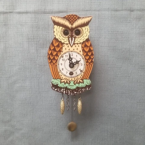 Vintage German Miniature Owl Shaped Cuckoo Clock w/ Pendulum & Key WORKS Cover