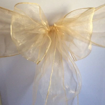 Champagne Organza Silla Fajas Silla Lazos Arcos Silla Cinta Boda Decoración Foto 1 de 4