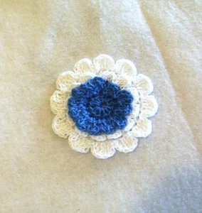 Crocheted White and Blue 3-Layered Mum Flower Applique Small Quilting Sewing - Picture 1 of 2