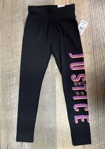 JUSTICE Leggings Girl's S 7/8 Black & Purple Glitter Logo Full Length Pants NWT - Picture 1 of 8