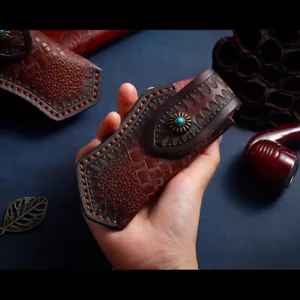 Hand Made Carved Genuine Leather Sheath For Folding Knife Cover Pouch Belt Clip - Bild 1 von 9