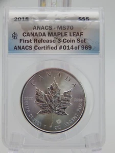 CANADA 2018 1oz SILVER $5 MAPLE LEAF ANACS MS70 FIRST RELEASE 3 COIN SET (BT637) - Picture 1 of 4