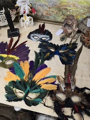Lot of (5) Feather Face Masks Mardi Gras Masquerade Hand Made - Image 1 of 4