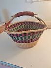 Large Hand Woven Oval Basket w/Leather Handle and Vibrant Colors, 14"x12"x8"tall