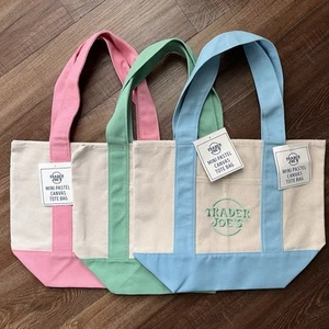 Set Of 3 Trader Joe's Mini Pastel Canvas Tote Bags Pink, Green, Blue NWT - Picture 1 of 5