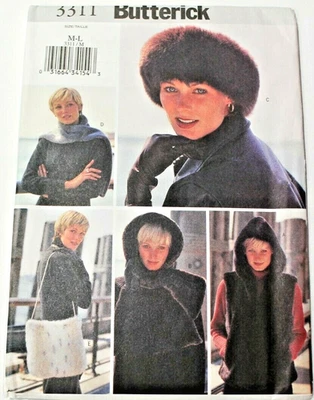 Butterick 3311 Misses Faux Fur Vest Headwrap Bag Sewing Pattern M-L 12-14-16-18 - Image 1 of 2