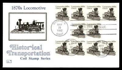 Mayfairstamps US FDC 1982 Illinois blocks and strips 1870s locomotives hfb First - Image 1 of 2