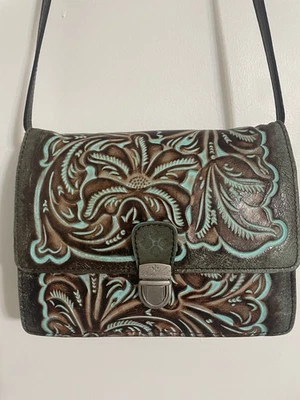 Patricia Nash Bag Hand Tooled Leather Crossbody Western Turquoise Brown Purse - Image 1 of 4