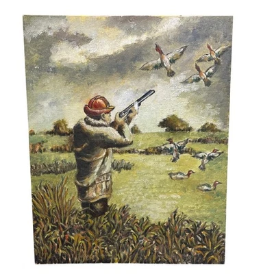 Hand Painted Oil On Canvas Duck Hunting Scene Art Painting Unsigned 20 x 16" - Image 1 of 4
