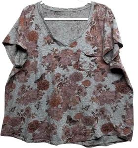 Torrid 2 , 2X gray floral print scoop neck pockets stretch short sleeve top - Picture 1 of 5