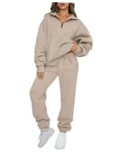  Women's Sweatsuits 2 Piece Outfits Long Sleeve Half Zip Medium Coffeegrey - Picture 1 of 6