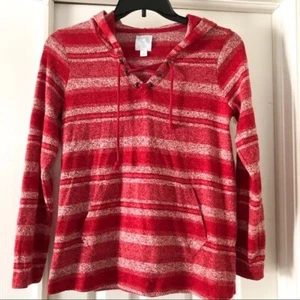 Sunday Red White Striped Hooded Kangaroo Pocket Pullover Sweater S - Picture 1 of 6