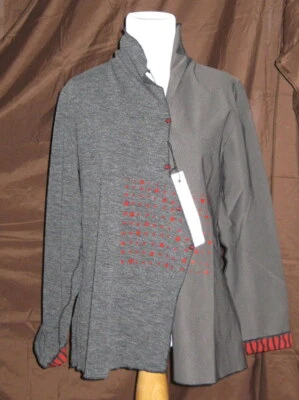 New Deborah Cross Gray Red Dots Applique Top Shirt Jacket Size S - Image 1 of 3
