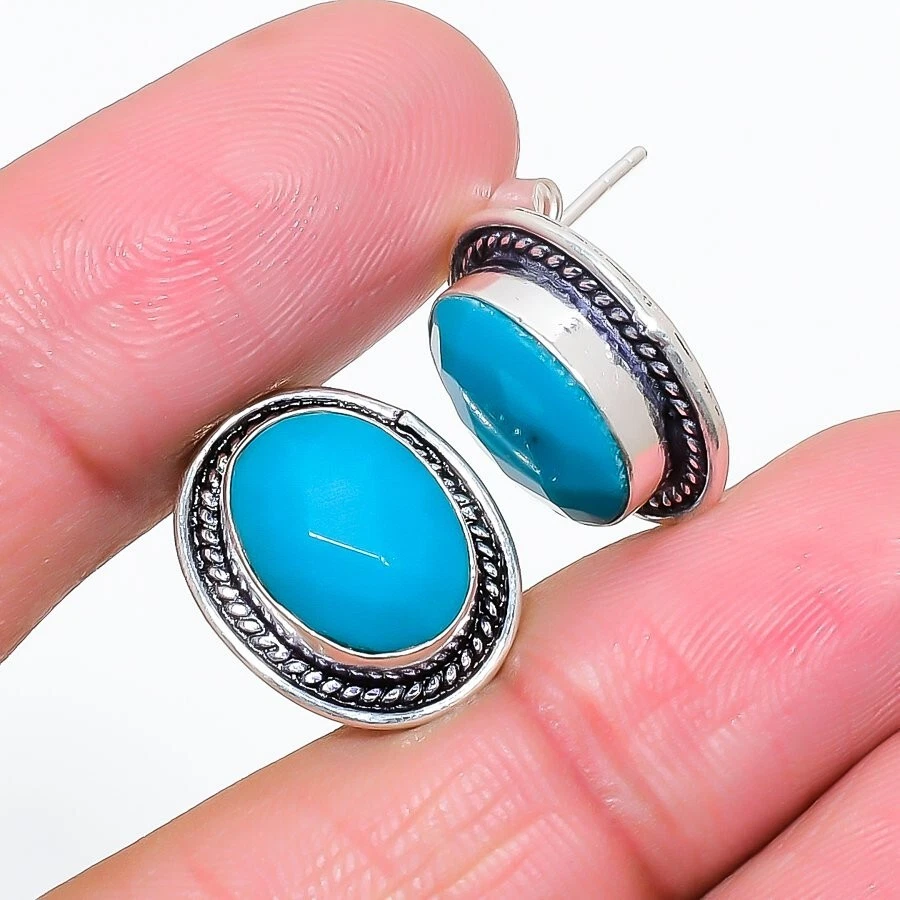 Blue Turquoise Gemstone 925 Sterling Silver Jewelry Stud Earring Sz 0.75'' - Image 1 of 1