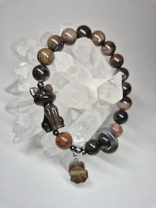 Natural Petrified Wood Crystal With Hand Carved Agate Charm Bracelet - Picture 1 of 24