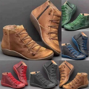 Women's Flat Casual Ankle Boots Round Toe Shoes Leather Retro Strap Boots - Picture 1 of 11
