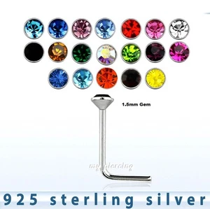 2pcs. 22g 1.5mm Flat CZ .925 Sterling Silver L-Shaped Nose Stud Ring - Picture 1 of 1