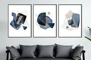 Blue abstract shapes wall prints, blue abstract wall decor, abstract prints - Picture 1 of 11