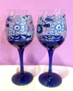 2 VASOS DE VINO SILVESTRI AÑOS 70 Tallos de Cobalto, Flores Azules, FIRMADOS Lori SIEBERT - Imagen 1 de 18