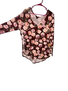 Joe Boxer Women’s Burgundy Floral Long Sleeve Blouse, White Stripes, Sz 2X - Picture 1 of 8