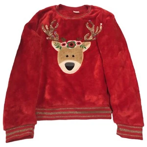 Girls Plush Red Sequin Reindeer Holiday Christmas Sweater XXL (18) - Picture 1 of 2