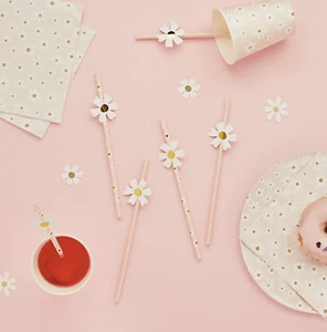 Gänseblümchen rosa Papier Party Strohhalme Blumenmotiv Tee Party Sommer Garten Party - Bild 1 von 1